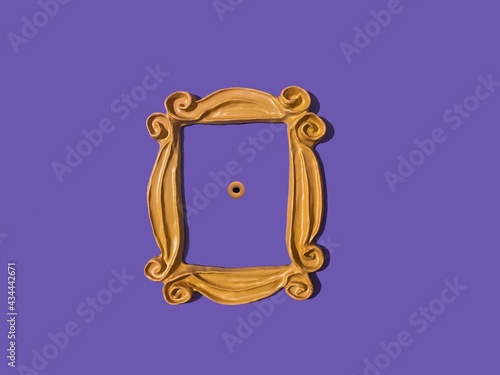 Yellow frame from the FRIENDS tv show which was used around Monica's peephole on the door. Purple wall. Picture frame. FRIENDS television show frame