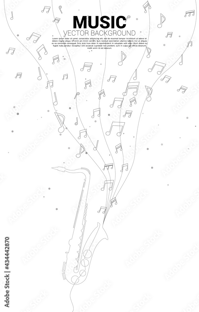 Obraz premium Vector music melody note dancing flow with one line saxophone . Concept background for jazz song and concert theme.