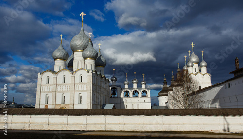 Rostov Kremlin. Beautiful Orthodox Cathedral of the Assumption and Church of the Resurrection. Rostov the Great, famous travel destination in tourist route Golden Ring. Yaroslavl region, Russia
