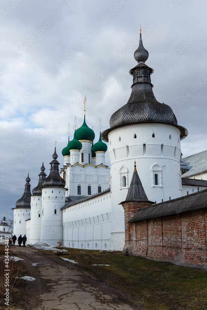 Rostov Kremlin. The wall towers and Orthodox Church of St. John the Theologian. Rostov the Great, a popular travel destination of Russian tourist route Golden Ring. Russia