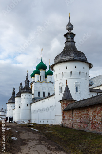 Rostov Kremlin. The wall towers and Orthodox Church of St. John the Theologian. Rostov the Great, a popular travel destination of Russian tourist route Golden Ring. Russia