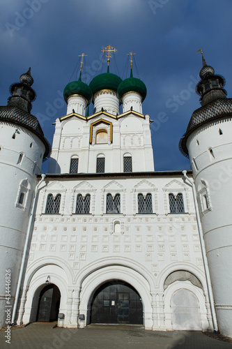 Rostov Kremlin. The wall towers and Orthodox Church of St. John the Theologian. Rostov the Great, a popular travel destination of tourist route Golden Ring