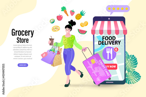 A woman enjoys shopping at an online grocery store. She pulls a credit card like luggage, buying fresh food from a mobile supermarket app, illustrating purchasing power and convenience.