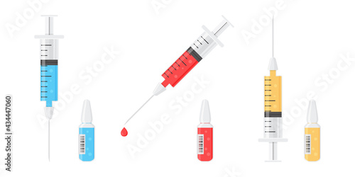 Syringe and ampoule vector icon with vaccine, medicine vial. Inject needle concept isolated on white background. Medical illustration