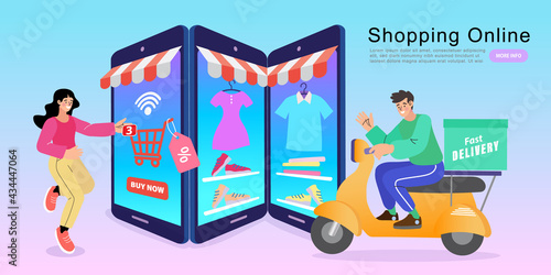 The complete online shopping workflow. A woman makes a secure credit card payment on a mobile fashion store, and a courier is dispatched for fast home delivery service.