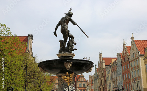 Neptune's Fountain and tenement houses - 17th century historic fountain in Long Market, Gdansk, Poland
