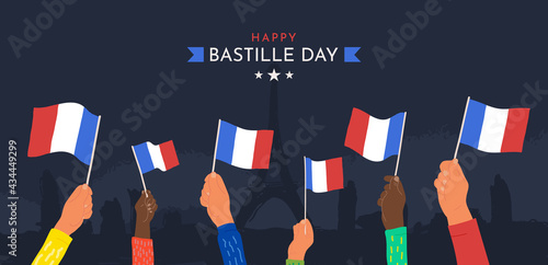 Celebration Happy Bastille day July 14th vector illustration. Cartoon hands waving France flags on dark background.