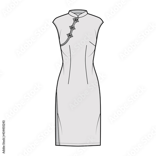 Dress qipao cheongsam technical fashion illustration with short sleeves, fitted body, knee length pencil skirt. Flat apparel front, grey color style. Women, men unisex CAD mockup