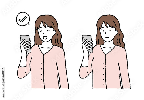 シンプルなタッチ スマホを操作する若い女性のイラストレーションセット