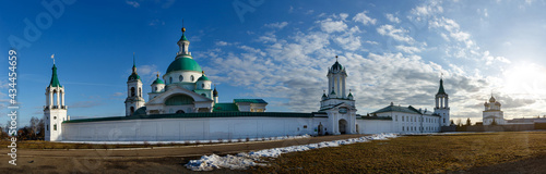 Panoramic view of ancient Spaso-Yakovlevsky Dimitriev monastery in spring. Orthodox monasteries and churches. Traditional Russian architecture. Rostov The Great, Yaroslavl region, Golden Ring, Russia