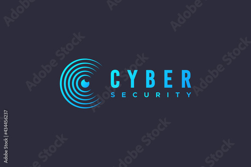 Cyber Logo Eye. Blue Circular Geometric Lines Initial Letter C with Eyeball inside isolated on Blue Background. Usable for Protection Security Logo Concept. Flat Vector Logo Design Template Element.