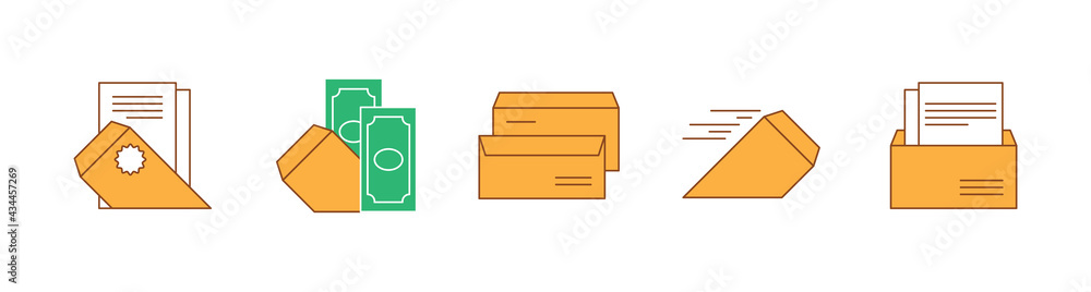 Envelope icon collection. Various envelopes with mail, postmarks, Postcards. Envelope icon collection. Various envelopes with mail, postmarks, Postcards.