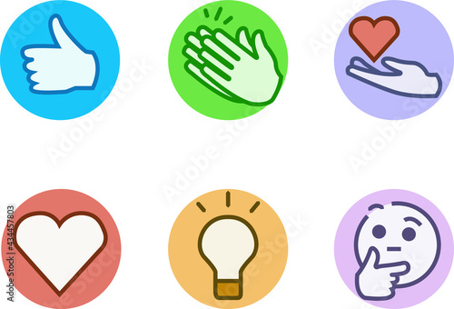 Buttons of reactions for professional network in color. Like, celebrations, support, love, interesting, curiosity in linkedin.