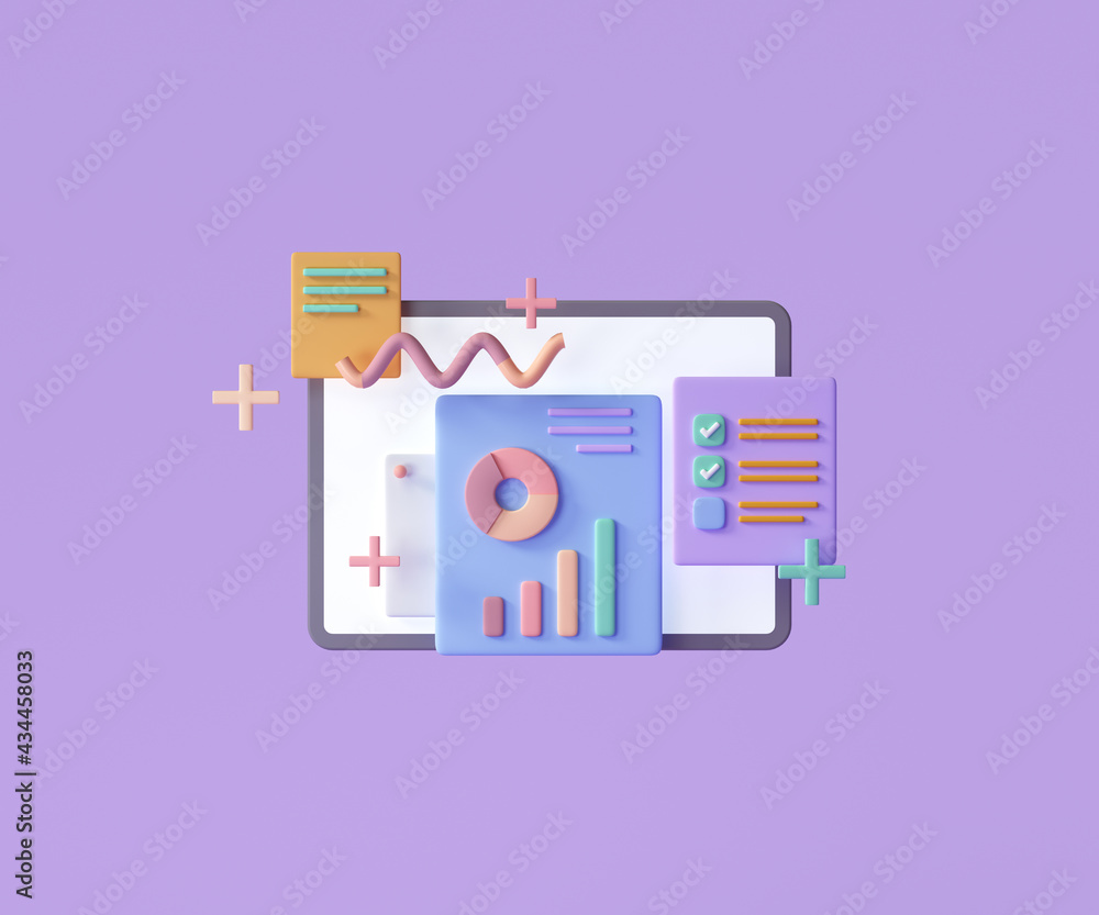 Online marketing, financial report chart, data analysis, and web development concept. 3d render illustration Online marketing, financial report chart, data analysis, and web development concept. 3d render illustration