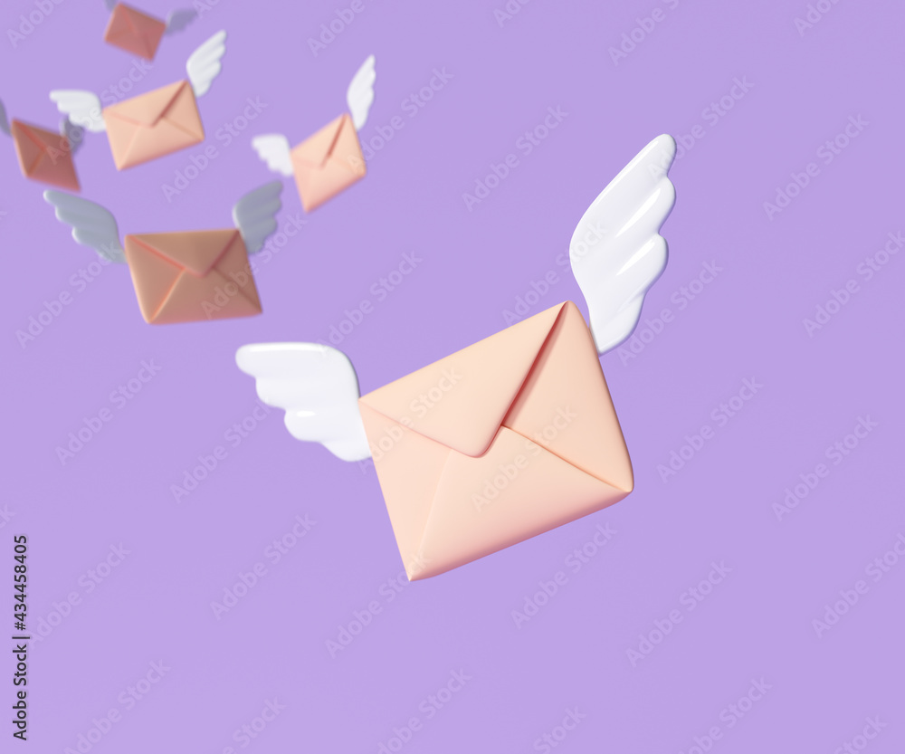 3D Flying envelope wings, incoming mail notify, newsletter and online email concept. 3d render illustration - obrazy, fototapety, plakaty 