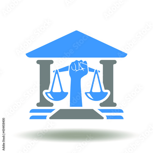 Building courthouse with hand scales vector illustration. Court icon. Human rights symbol. Justice and law public sector sign.