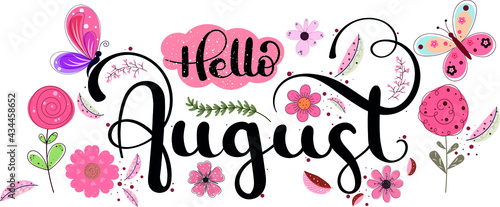  Hello August. AUGUST month vector with ornaments and leaves. Decoration floral. Illustration month August	

