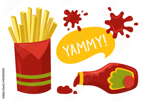 French fries and ketchup tomato sauce. Fast food cartoon, ketchup stain. Yellow sticks, roasted potato chips potatoes. Menu card delicious fast food, tasty unhealthy lunch. Hand drawn vector