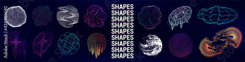 Retrofuturistic Geometric Shapes with glitch and liquid effect. Universal trendy cyberpunk elements. Vaporwave, synthwave shapes for poster, flayers, covers, t-shirt and merch. Vector memphis set