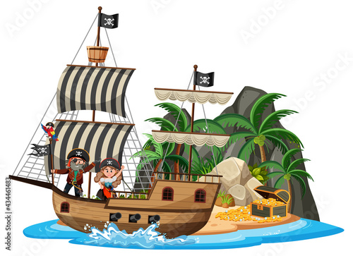 Pirate ship on island with many kids isolated on white background