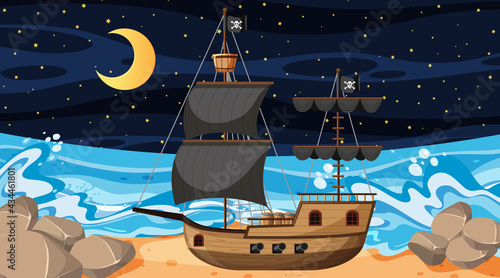 Ocean with Pirate ship at night scene in cartoon style
