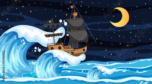 Ocean with Pirate ship at night scene in cartoon style