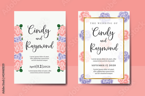 Wedding invitation frame set, digital art hand drawn Watercolor Pink and Purple Rose Flower design Invitation Card Template