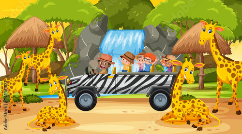 Safari at sunset time scene with children watching giraffe group