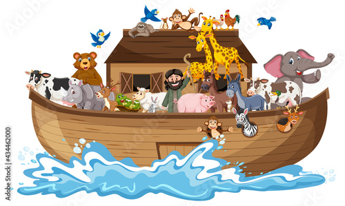 Animals on Noah's ark with sea wave isolated on white background