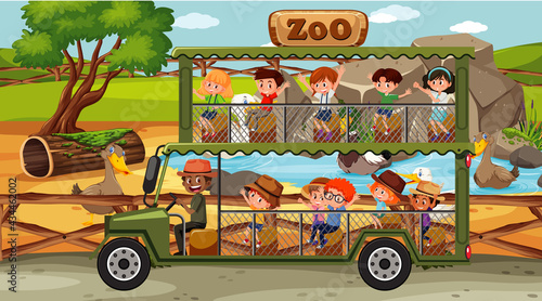 Safari at daytime scene with children in the tourist car