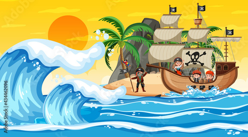 Ocean with Pirate ship at sunset scene in cartoon style