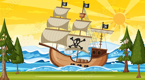 Ocean with Pirate ship at sunset time scene in cartoon style