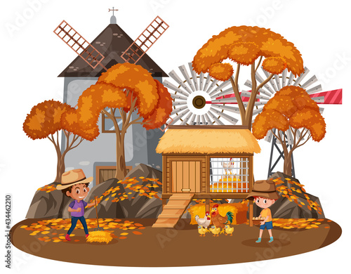 Farmer house with children on white background