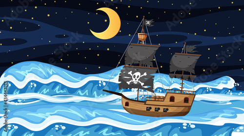 Ocean with Pirate ship at night scene in cartoon style