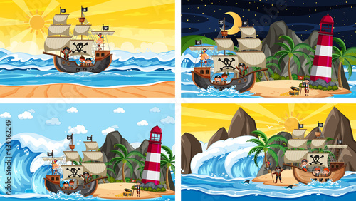 Set of different beach scenes with pirate ship and pirate cartoon character