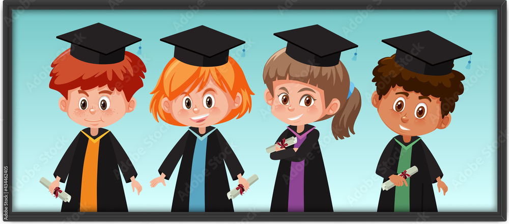Obraz premium Many children in graduation costume in photo frame