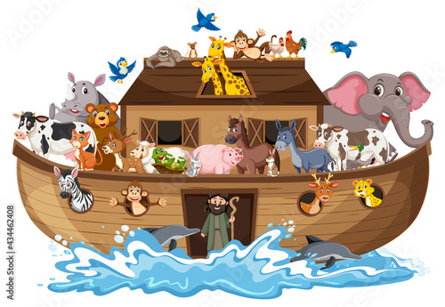 Noah's Ark with Animals on water wave isolated on white background