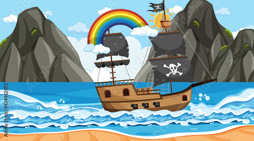 Ocean with Pirate ship at day time scene in cartoon style