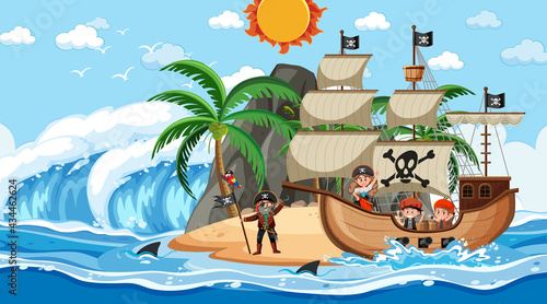 Beach with Pirate ship at daytime scene in cartoon style