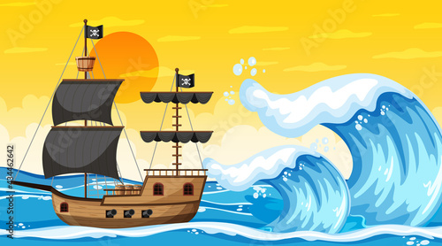 Ocean with Pirate ship at sunset time scene in cartoon style