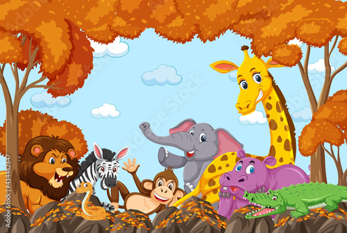 Wild animals group in autumn forest scene