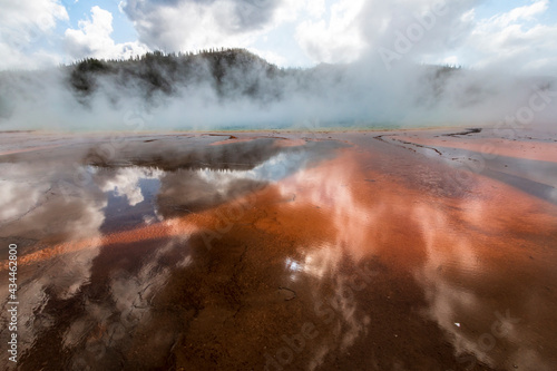 steaming hot springs and pools in the Lower Geyser Basin in Yellowstone National Park in Wyoming.