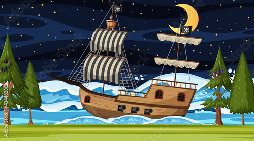 Ocean with Pirate ship at night scene in cartoon style
