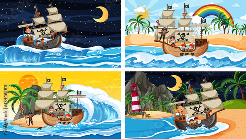 Set of different beach scenes with pirate ship
