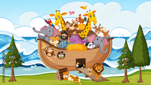 Animals on Noah's ark floating in the ocean scene