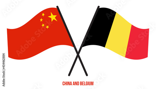 China and Belgium Flags Crossed And Waving Flat Style. Official Proportion. Correct Colors.