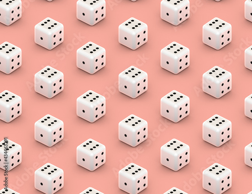 Seamless dice isometric pattern on pink background  3d illustration. Concept of gambling and game