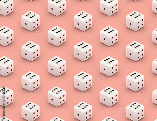 Seamless dice isometric pattern on pink background, 3d illustration. Concept of gambling and game