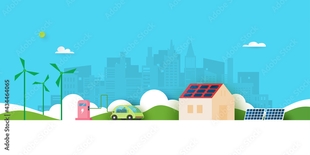 Alternative energy and Ecology concept.Electric Car and Green eco city background.Environment conservation resource sustainable.