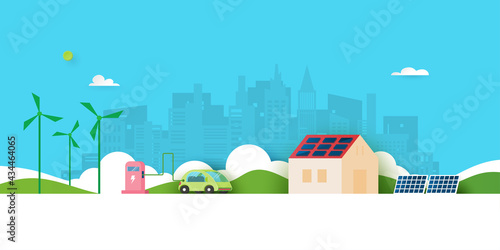 Alternative energy and Ecology concept.Electric Car and Green eco city background.Environment conservation resource sustainable.